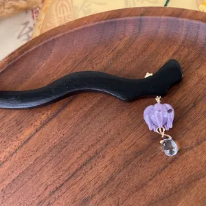 Vintage Chinese Style Wood Hair Stick With Purple Lily Of The Valley Glass Flower Pendant Handmade Tassel Hairpin For Women Jewelry
