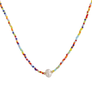 Colorful beaded necklace with freshwater pearl and vibrant dopamine style beads