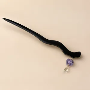 Elegant wood hair pin with purple glass lily flowers and drops in traditional Chinese style