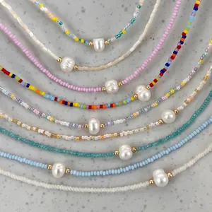 Handmade Seed Bead Necklace With Freshwater Pearl Gold Plated Spacers Bohemian Style Choker Women Daily Jewelry