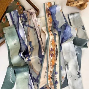 New Chinese Scarf Long Satin Blend Hair Ribbon Vintage Landscape Print Neck Tie Bag Handle Elegant Hairband Accessory