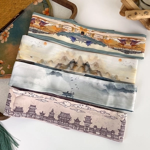 Detailed view of four Chinese style silk scarves featuring traditional landscape patterns