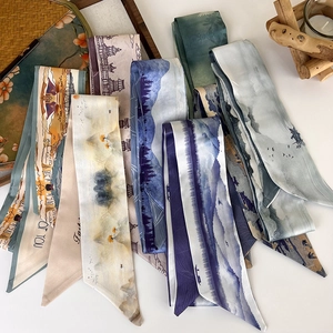 Elegant Chinese style printed silk scarves with mountain landscape and floral patterns