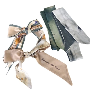 Silk-like skinny scarf twilly with Chinese landscape print for hair and handbags