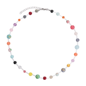 Colorful beaded crystal necklace with silver lobster clasp and extension chain on white background