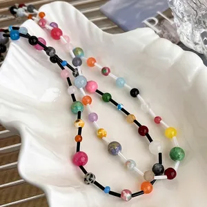 Handmade Colorful Beaded Stone Necklace For Women Korean Dopamine Style Mixed Stone Bead Clavicle Chain Summer Jewelry Gift
