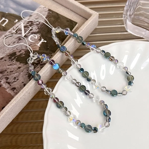 Sparkling iridescent crystal beaded phone lanyard strap with multi-faceted glass beads