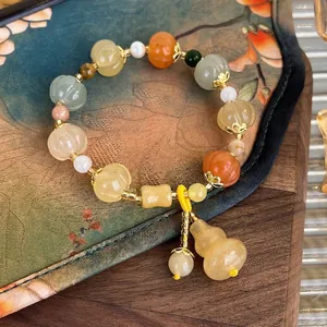 Neo Chinese Multi Color Stone Pumpkin Beaded Bracelet For Women Elegant Gourd Pendant Artificial Pearl Alloy Floral Accents Jewelry