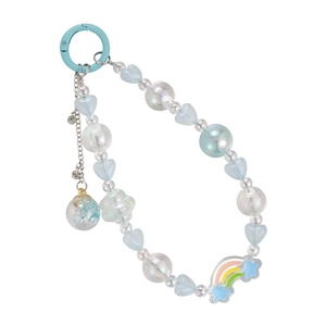 Dragonne de téléphone bleue avec perles en cœur, boule pailletée et breloque étoile arc-en-ciel