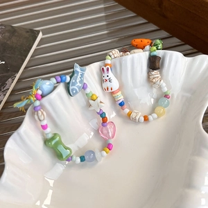 Cute ceramic bunny and carrot beaded bracelet set with colorful stones and charms