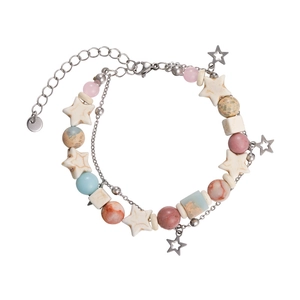 Double-layered beaded bracelet with hollow star charms and colorful marble-textured resin stones