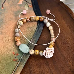 Vintage Natural Stone Rose Flower Beaded Bracelet And Agate Bead Bracelet For Women Adjustable Ethnic Style Handmade Jewelry