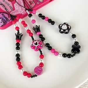 Y2K Style Crown Flower Beaded Phone Charm For Women Acrylic Beads Heart Cross Pendant Cute Sweet Cool Phone Lanyard Accessory