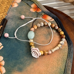 Handcrafted rose charm beaded stone bracelet set with natural agate and floral pendant