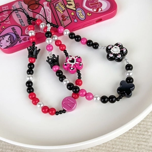 Handmade Y2K crown and flower beaded phone strap set in black and pink charms