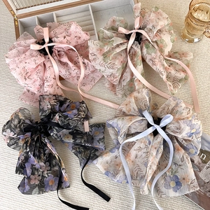 Pinces à cheveux à fleurs avec grands nœuds en organza rose, vert et beige clair