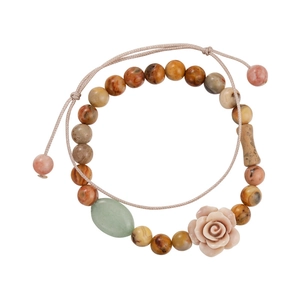 Handmade beaded bracelet set with pink rose charm and adjustable braided rope