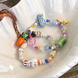 Handmade Ceramic Beaded Bracelet Cute Cartoon Rabbit Carrot Fish Charms Colorful Ethnic Tassel Bracelet Jewelry For Women Girls Gift