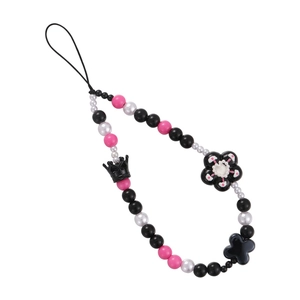 Y2K style phone charm with black crown, floral beads in pink and pearl white finish