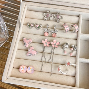 Pink heart and flower earring set with sparkling crystals and silver accents