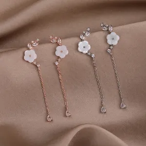 Shell Flower Copper Zirconia Long Tassel Drop Earrings With 925 Sterling Silver Earring Post Elegant Women Jewelry