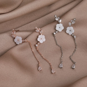 Elegant 925 silver shell flower long drop earrings with pearls and zircon tassels