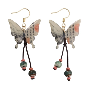 New Chinese ink painting butterfly fringe earrings with calligraphy and tassels
