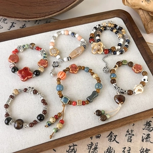 Vintage Chinese Style Ceramic Beaded Bracelet For Women Handcrafted Ethnic Folk Art Wood Alloy Zen Bracelet Jewelry Accessories