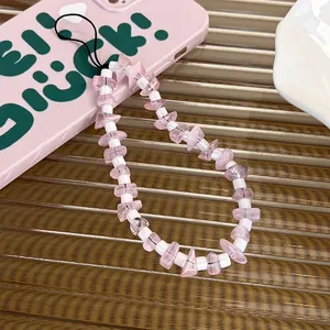 Cinturino per telefono fatto a mano con perle in cristallo rosa e pietre naturali