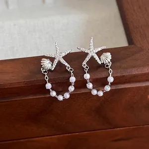 Boucles d'Oreilles Pendantes en Cuivre Argenté Étoile de Mer Coquillage Zircone Avec Gland de Fausse Künstliche Perle Bijoux Femme