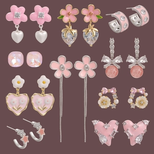 Sweet Pink Heart Flower Stud Earrings For Women Copper Alloy Drip Oil Zirconia Faux Artificial Pearl Romantic Elegant Jewelry Accessories