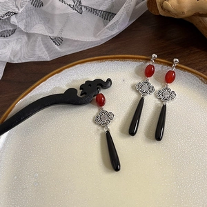 Neo-Chinesischer Stil Vintage Rote Wassertropfen Ohrringe Haarnadel Set Elegante Klassische Lange Hängeohrringe Für Hanfu Traditioneller Schmuck
