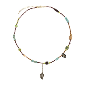 Ethnic bohemian beaded necklace with green leaf pendant and colorful mixed beads