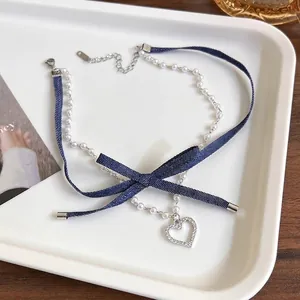 Sweet Retro Double Layer Choker Necklace Featuring Denim Bow And Imitation Artificial Pearls Alloy Zircon Heart Pendant Neck Jewelry For Women