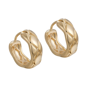 Elegant gold metal hoop earrings featuring a classic quilted diamond lattice pattern