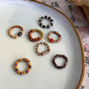 Handmade Beaded Ring Wood Man-Made Crystal Agate Zen Vintage Chinese Style Elastic Fashion Jewelry Accessories For Women