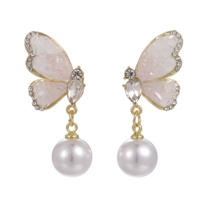 Elegante Kristall-Schmetterlingsohrringe mit weißen Perlen und rosa Strassflügeln
