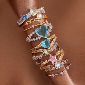 Luxurious Copper Heart Bowknot Adjustable Open Ring For Women Elegant Rhinestone Geometric Crown Star Moon Fashion Jewelry