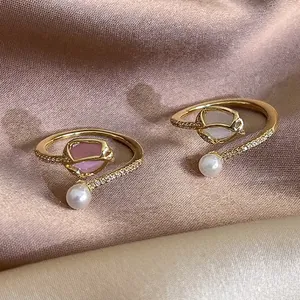 Elegant Copper Tulip Flower Open Ring With White Artificial Pearl And Zircon Inlaid Light Luxury Adjustable Finger Ring For Women Jewelry