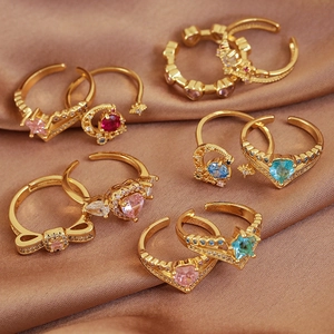 Elegant gold-plated open rings with colorful zircon heart, star and bowknot motifs