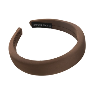 Deep brown padded satin headband with high crown style and handmade woven label
