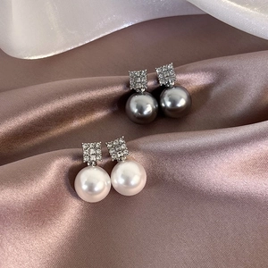 French style pearl earrings with zircon sugar cube accents and silver finish