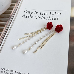 Détail de boucles d'oreilles camélia avec roses en velours rouge et perles sur un magazine
