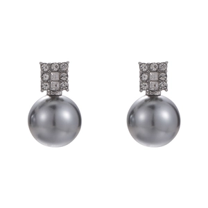 French style square crystal studs with grey pearl drop in polished silver finish