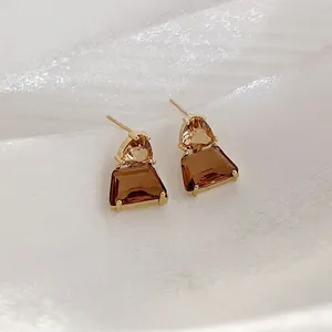 Vintage French Style Caramel Brown Crystal Stud Earrings Geometric Triangle Trapezoid Gold Plated Copper Earrings For Women Elegant Jewelry Gift