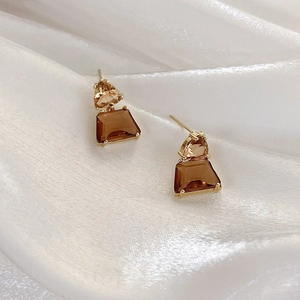 Elegant French caramel crystal earrings with gold base in a minimalist double-tier design