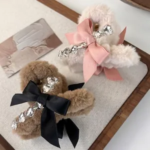 Korean Style Elegant Plush Bow Hair Claw Clip With Heart Rhinestone Alloy Knitted Faux Fur Shark Hair Clip For Women Daily Accessories