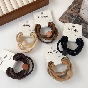 Set of high-elasticity hair ties in neutral tones with matte decorative beads