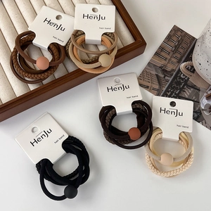 5-piece elastic hair band set with matte beads in coffee and khaki earth tones