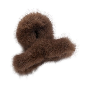 Brown fluffy faux fur hair claw clip with warm plush texture for elegant winter styling